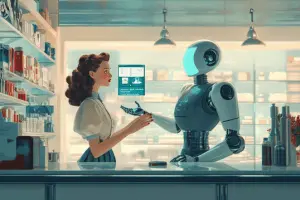 A 1940s-style woman interacting with a futuristic robot in a modern store, symbolizing the future of eCommerce and the role of eCommerce AI in revolutionizing online retail.