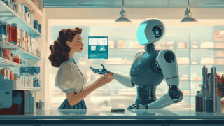 Woman interacting with an AI robot in a futuristic eCommerce store showcasing the future of online retail