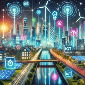 Futuristic city skyline with IoT-enabled smart grids and renewable energy sources, representing smart city technology in energy efficiency.