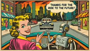 A 1940s comic-style image featuring a lady driving and a robot waving, symbolizing how AI SEO tools welcome you to the future of technology.