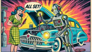 A 1940s comic-style image featuring a lady driving and a robot waving, symbolizing how AI SEO tools welcome you to the future of technology.