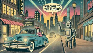 A 1940s comic-style image featuring a lady driving and a robot waving, symbolizing how AI SEO tools welcome you to the future of technology.
