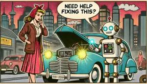 A 1940s comic-style image featuring a lady driving and a robot waving, symbolizing how AI SEO tools welcome you to the future of technology.
