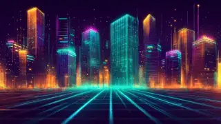 A futuristic cityscape with neon lights representing IoT in smart cities and advanced smart city technology.
