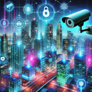 A high-tech surveillance camera monitoring a neon-lit urban area, showcasing IoT in smart cities for enhanced public safety.