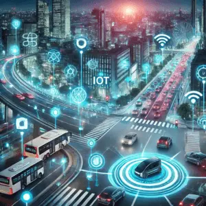 Futuristic smart city intersection with neon-lit traffic signals and IoT sensors optimizing traffic flow, illustrating IoT in smart cities.