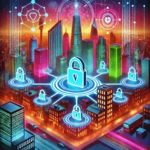 A neon-lit city with interconnected devices symbolizing the challenges and solutions of implementing IoT in smart city technology.