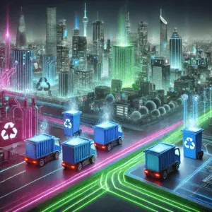 IoT-enabled smart bins in a vibrant cityscape, illustrating efficient waste management through smart city technology.