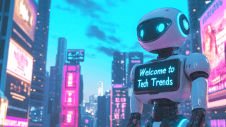 A futuristic robot holding a neon Tech Trends sign, representing AI SEO tools in a vibrant cityscape